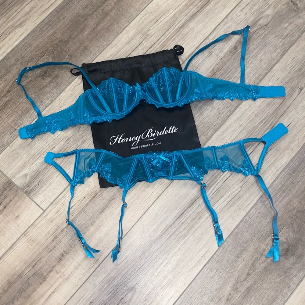 Honey Birdette Natalie teal bra & garter belt